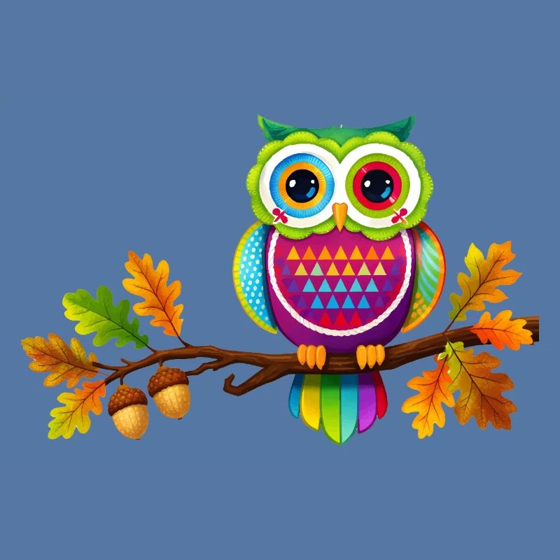 Bunte Eule auf Ast mit Herbstblättern