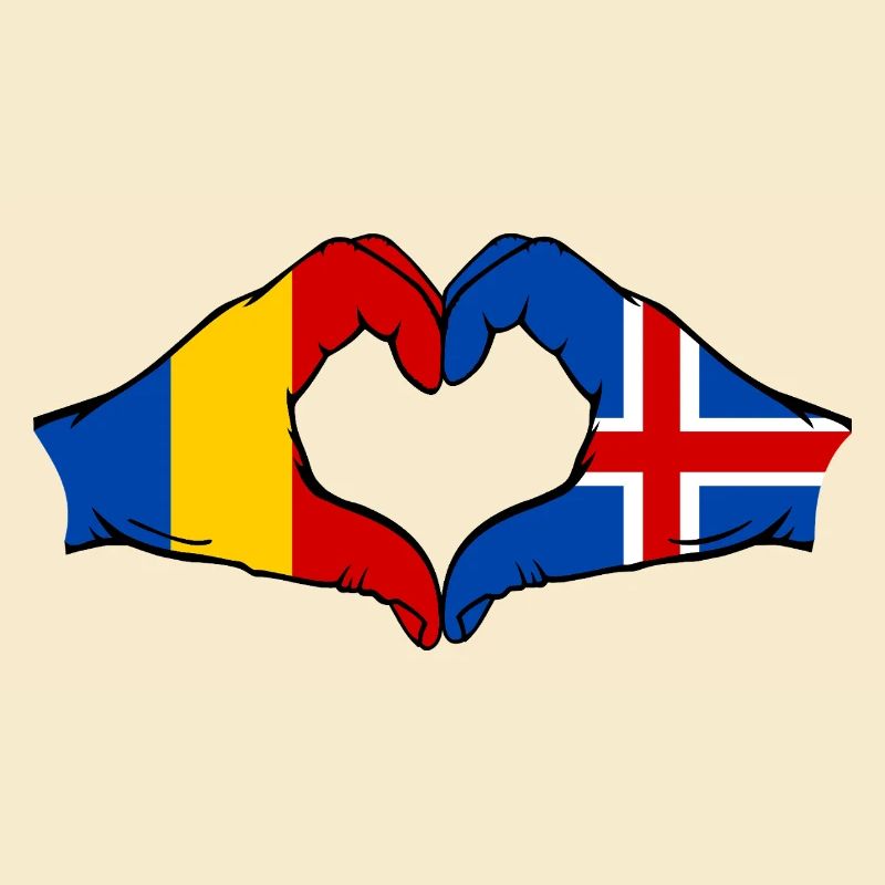 Drapeau de la Roumanie et de l'Islande, mains en forme de cœur