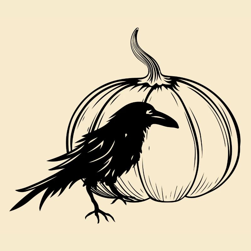 Raven with Halloween pumpkin in autumn