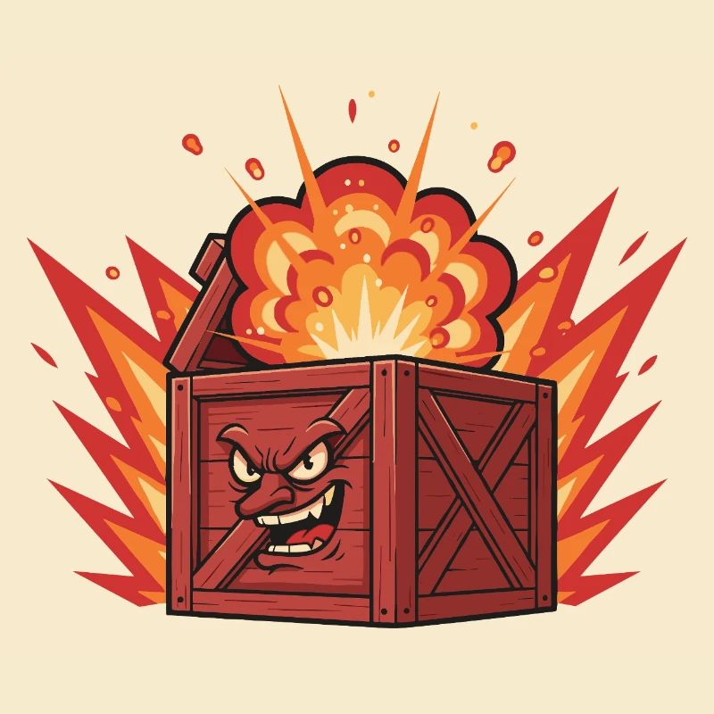 Exploding wooden box with a grim face