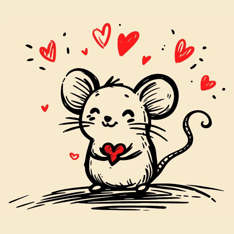 Mouse in Love with Floating Hearts