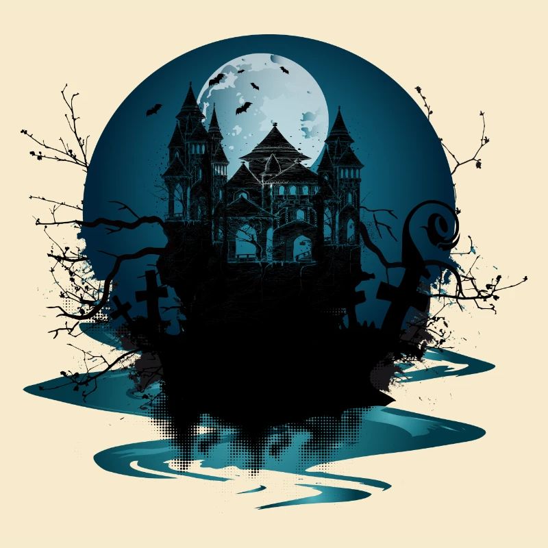 dark castle at night under full moon