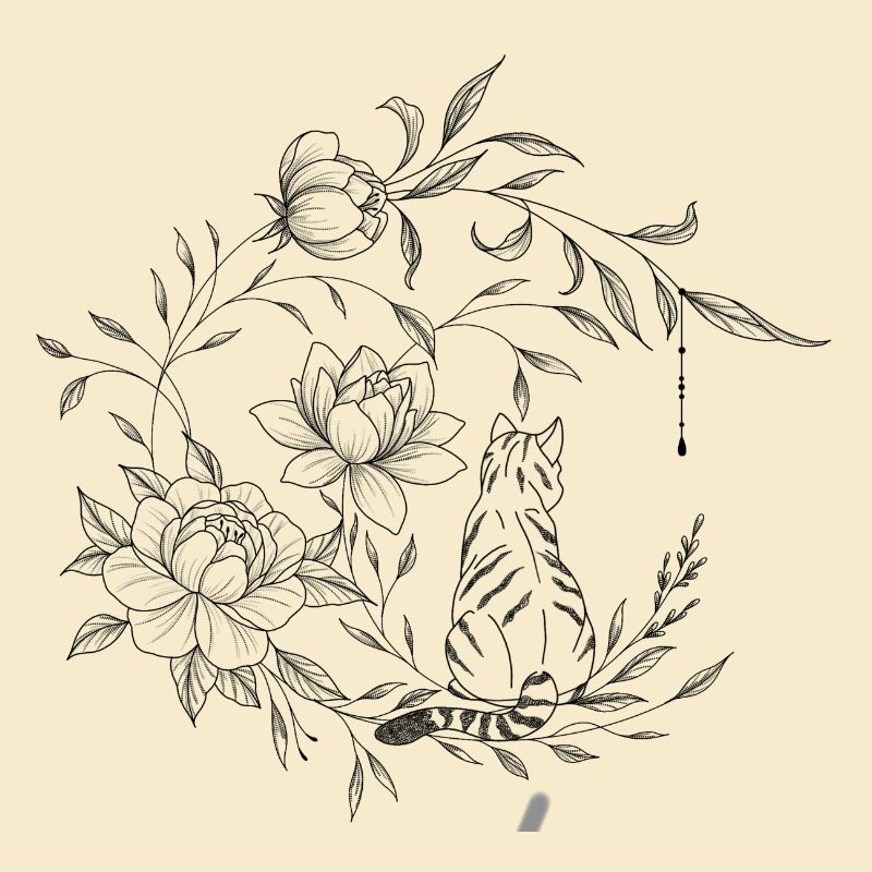 Cat sitting on a floral moon, flora composition
