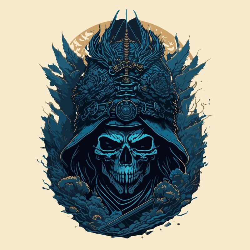 crane squelette samouraï bleu - blue samurai skull