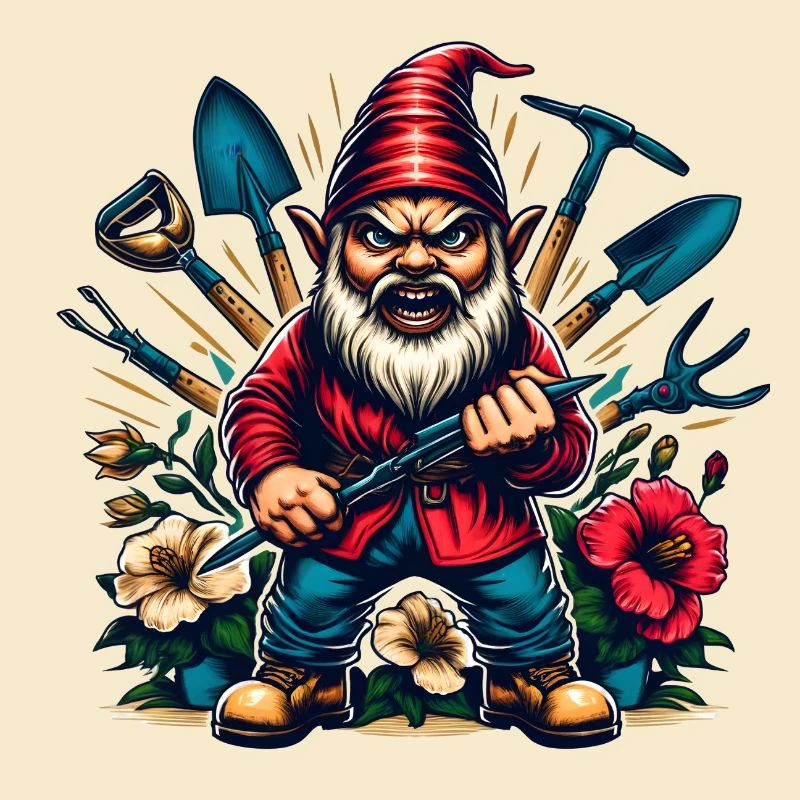 Bunter,grimmiger Gartenzwerg mit Blumen & Werkzeug