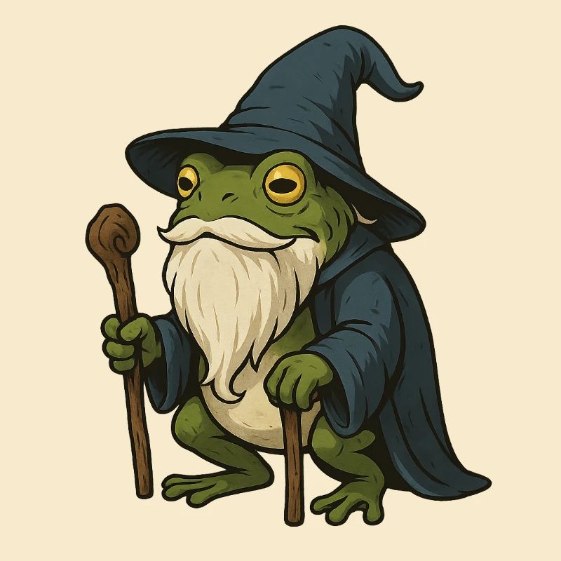 Wise bearded frog with magic hat