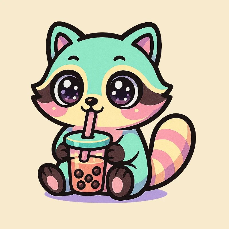 Kawaii Raccoon Drinking Boba Tea 