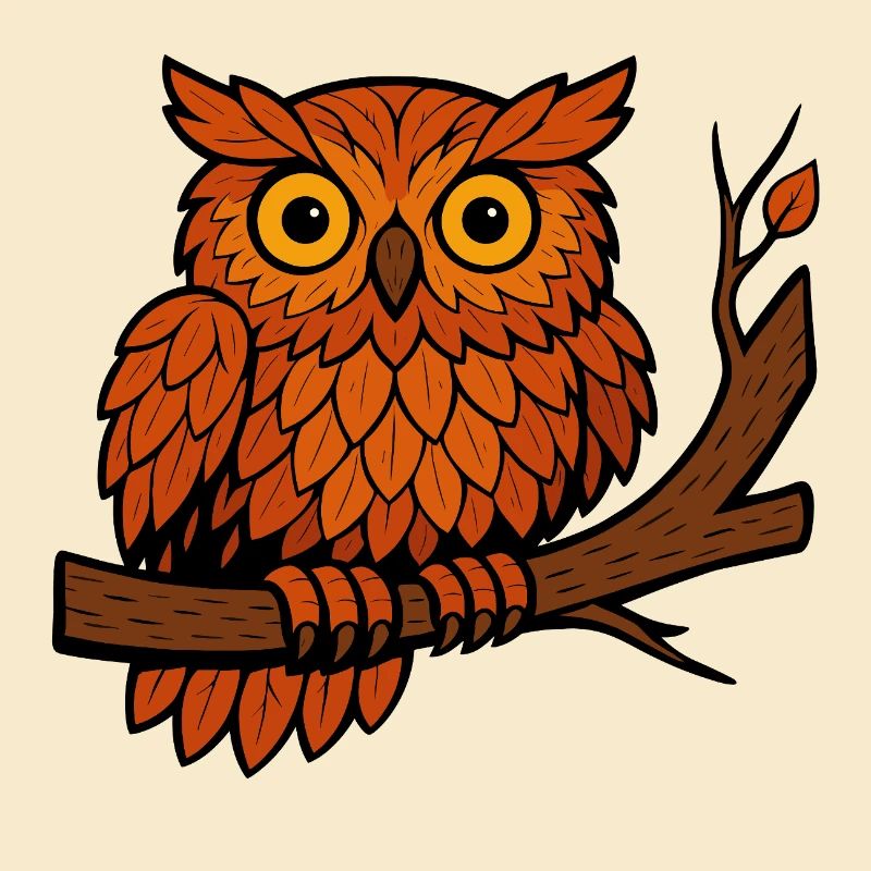 Comic Eule Herbst Wald Laub Blätter Ast Baum Feder