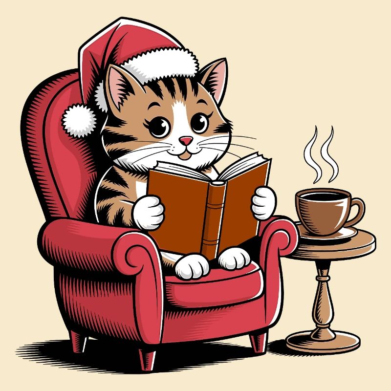 Christmas Cat Reading a Book -Cozy