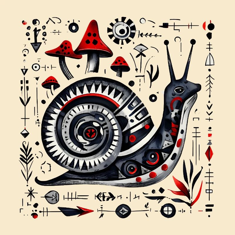 Escargot d’art populaire aux champignons – Design rétro