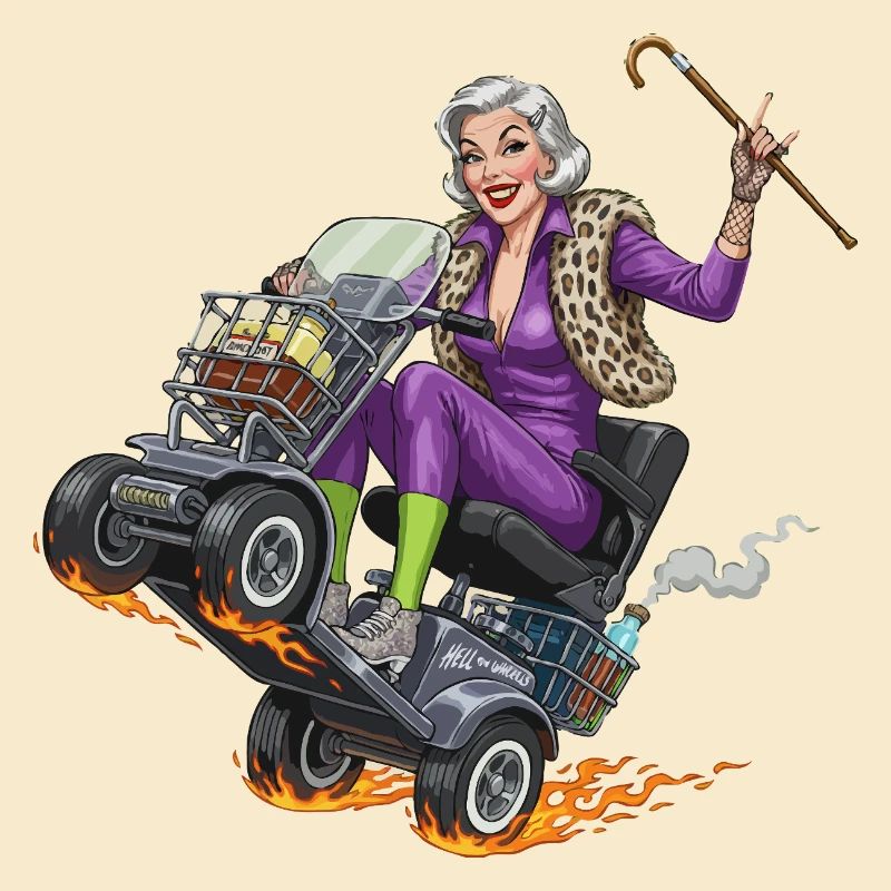 Mamie violette sur un scooter de mobilité de course