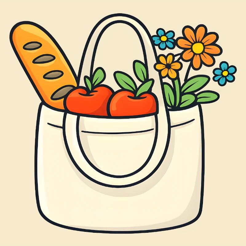 Bunte Einkaufstasche mit Gemüse und Blumen