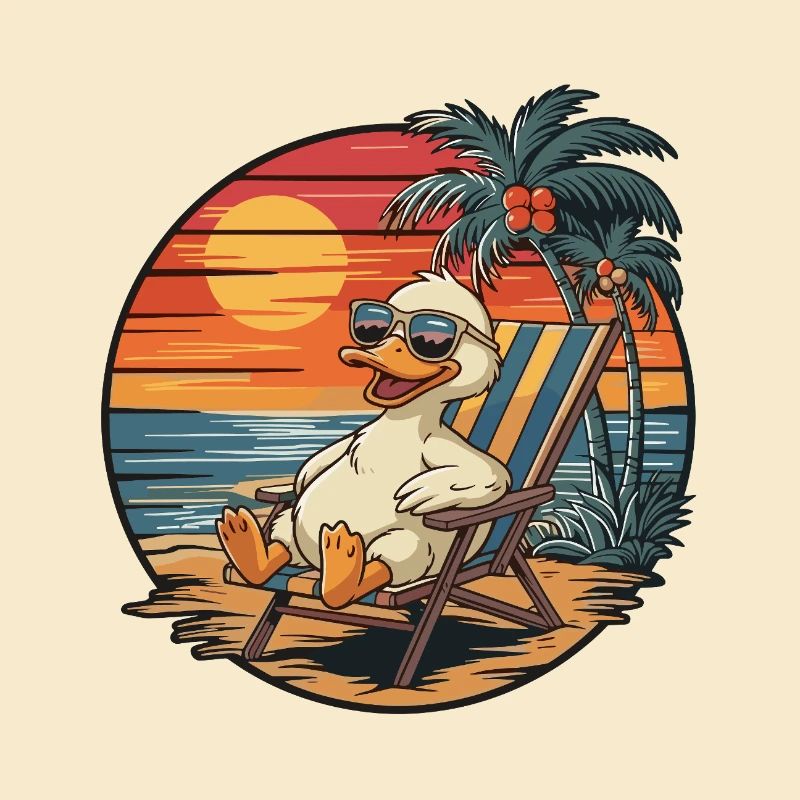 Funny Duck on Beach Summer Vacation Sunset