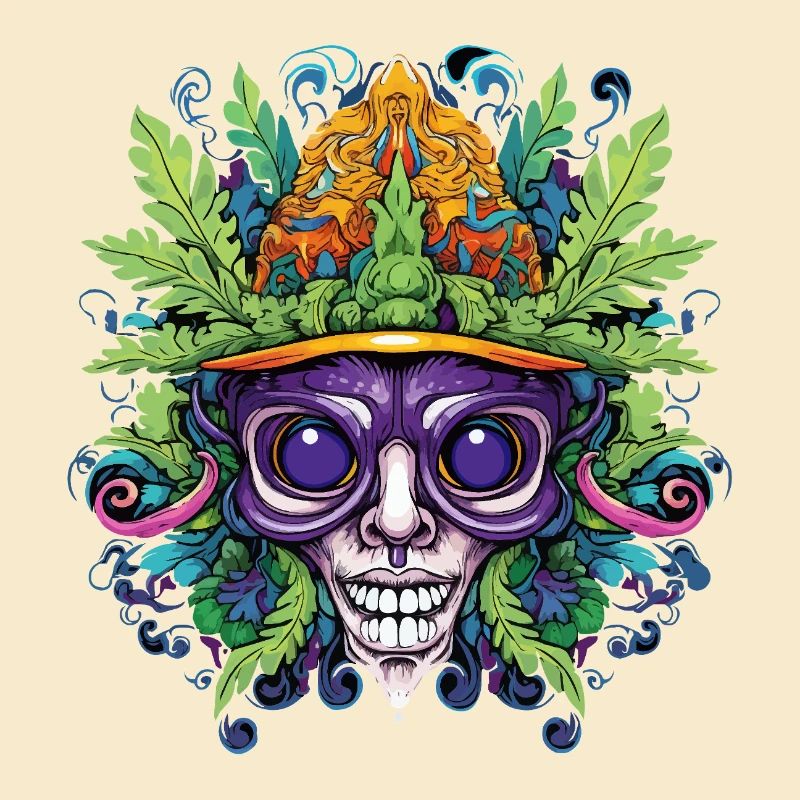 Psychedelic skull with leaf crown