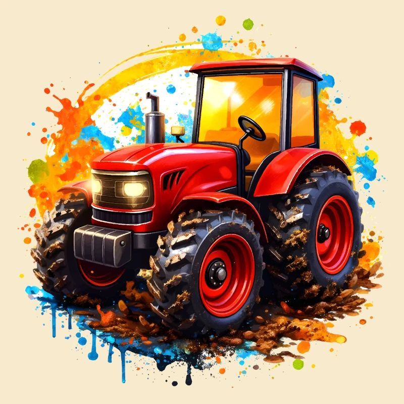 Roter Traktor mit Farbspritzern 