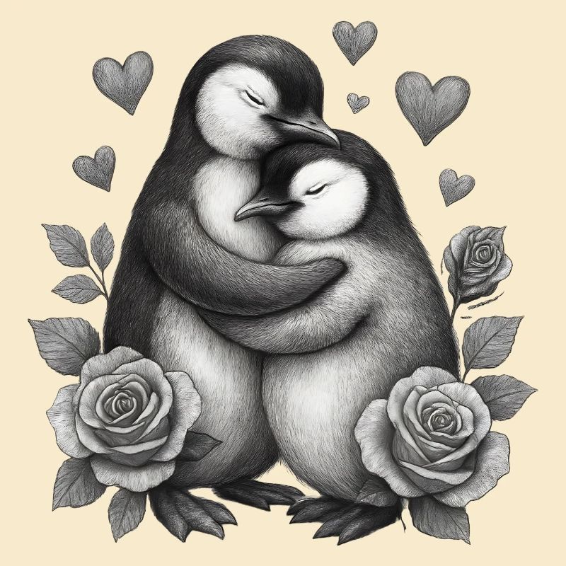 Umarmende Pinguine mit Rosen