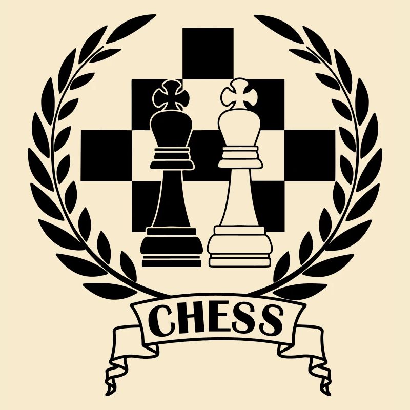 Schachfiguren im Lorbeerkranz mit Text CHESS