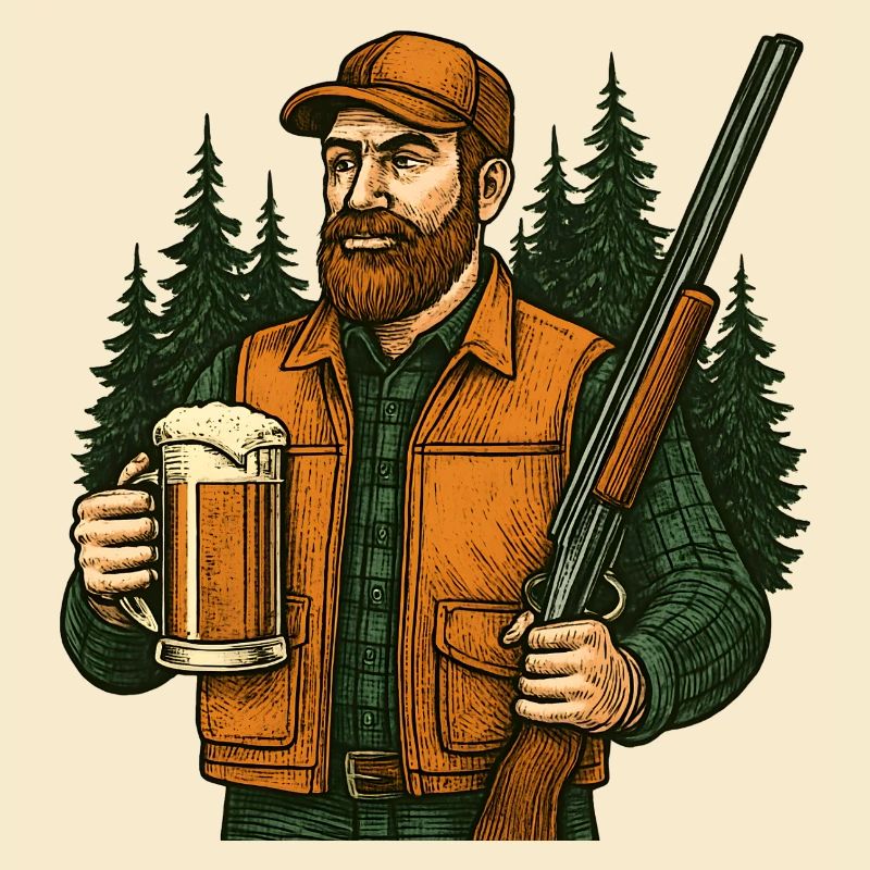 Forest hunter with beer and rifle
