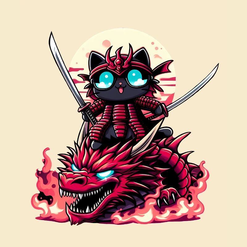 Chat samouraï avec épée sur dragon dans une bataille épique 3D