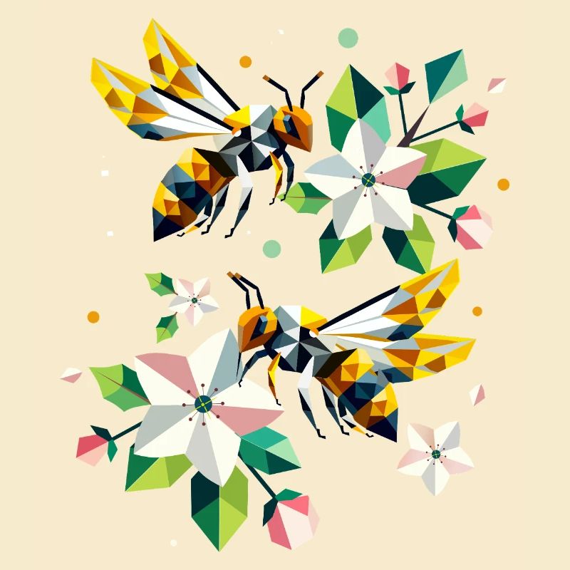 Bees and apple blossoms in harmonious colours