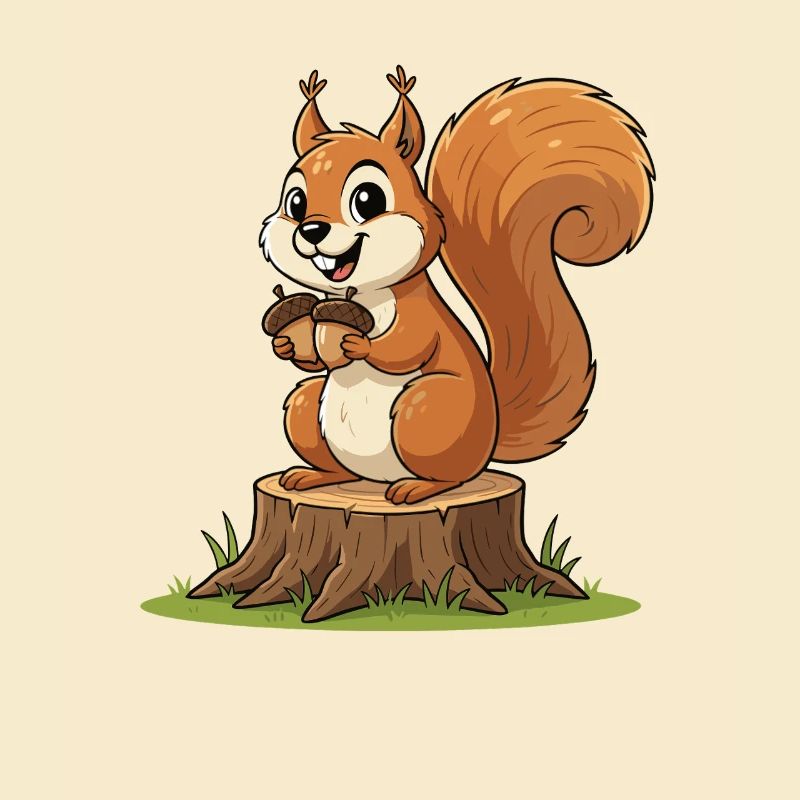 Eichhörnchen am Baumstumpf mit Eichel