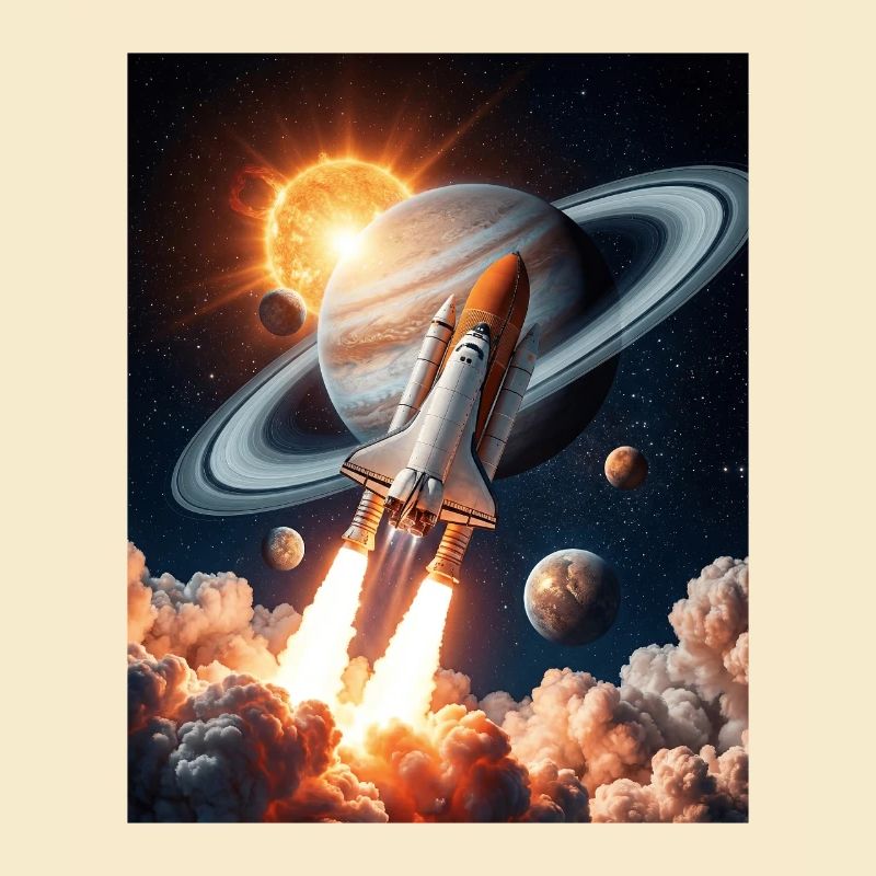 Fusée à travers les anneaux de Saturne dans l’espace