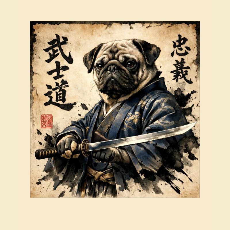 Samurai Pug Japanese Calligraphy Artwork