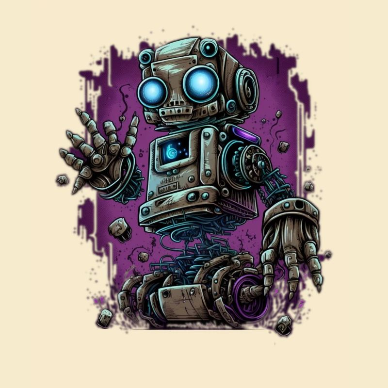 Neon-Dampfroboter im Schrottplatz-Schein