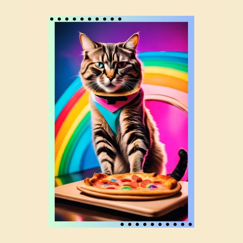 Regenbogenkatze mit Pizza
