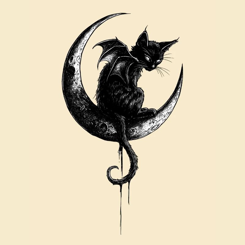 Gothic Black Cat Bat Wings Crescent Moon Dark