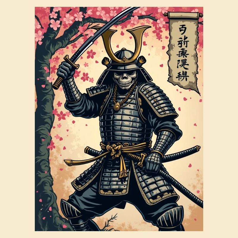 Samouraï squelette dans la forêt de cerisiers en fleurs