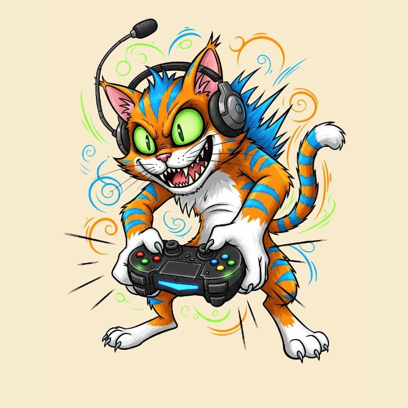 Neon Gaming Katze mit Controller Gamer Kater