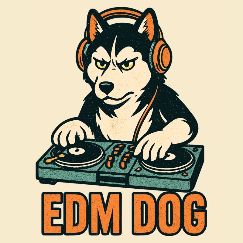 EDM Dog : DJ husky à la console de mixage dans un style rétro