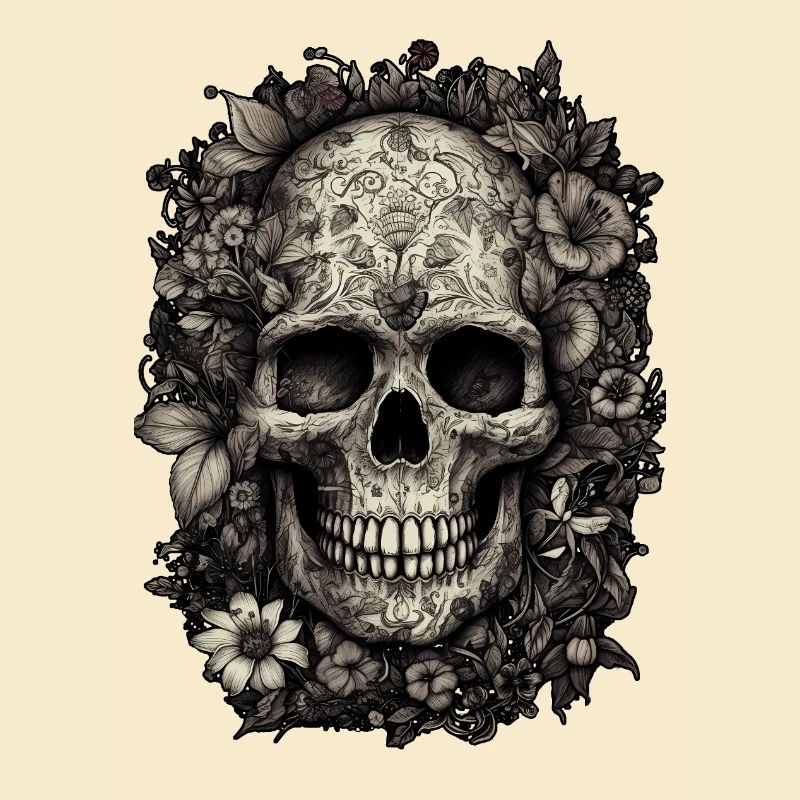 Cooler Boho Totenkopf mit Tattoos und Blumen