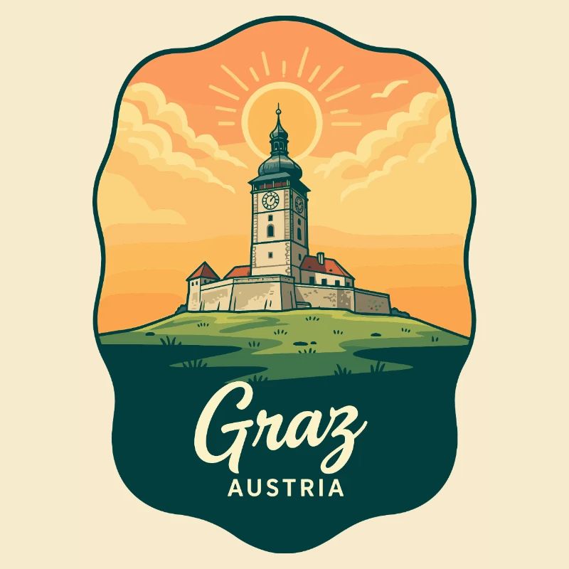 Graz Uhrturm Vintage-Sonnenuntergangs-Reiseabzeichen