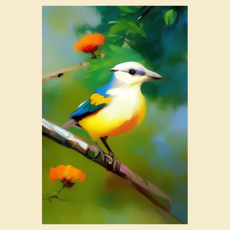 Oiseau sur branche avec fleurs