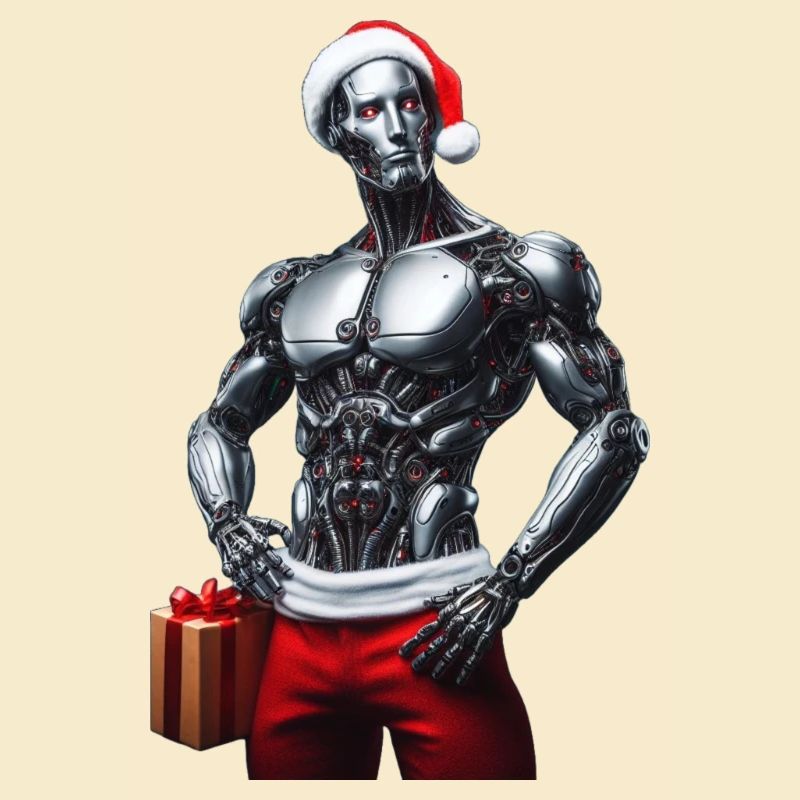 Cyber robot with Santa hat and gift