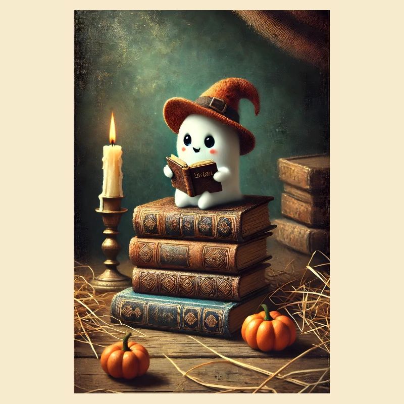 Reading Halloween ghost with a witch hat