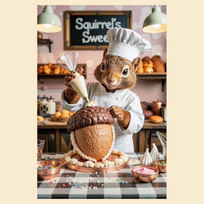Humanoid Squirrel Chef with Chocolate Cake