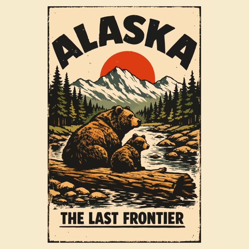 Alaska Frontier Bear Scenery Retro