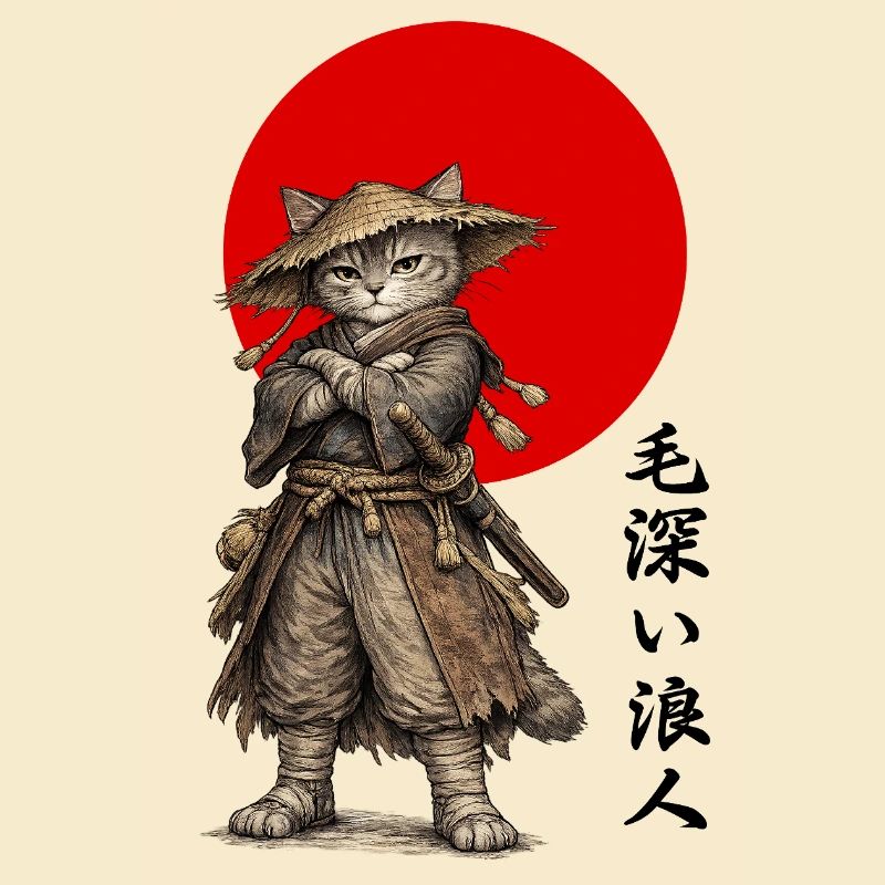 Katzen-Ronin-Samurai unter roter Sonne