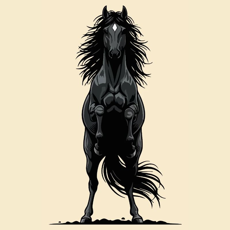 Cheval Noir de Face Cabré Puissance Équestre