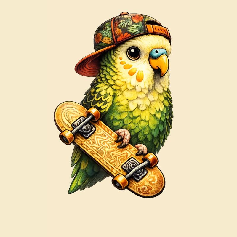 Cooler Skatebird – Papagei mit Cap & Skateboard