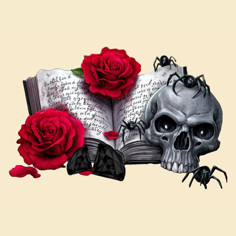 Gothic-Buch mit Rosenblüten, Menschenschädel