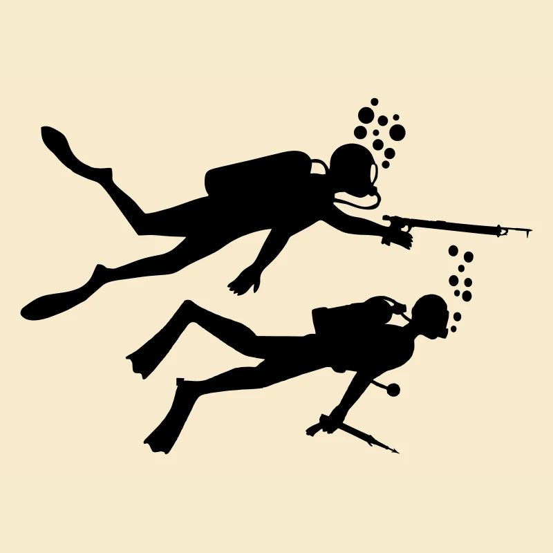 Two underwater divers with harpoons