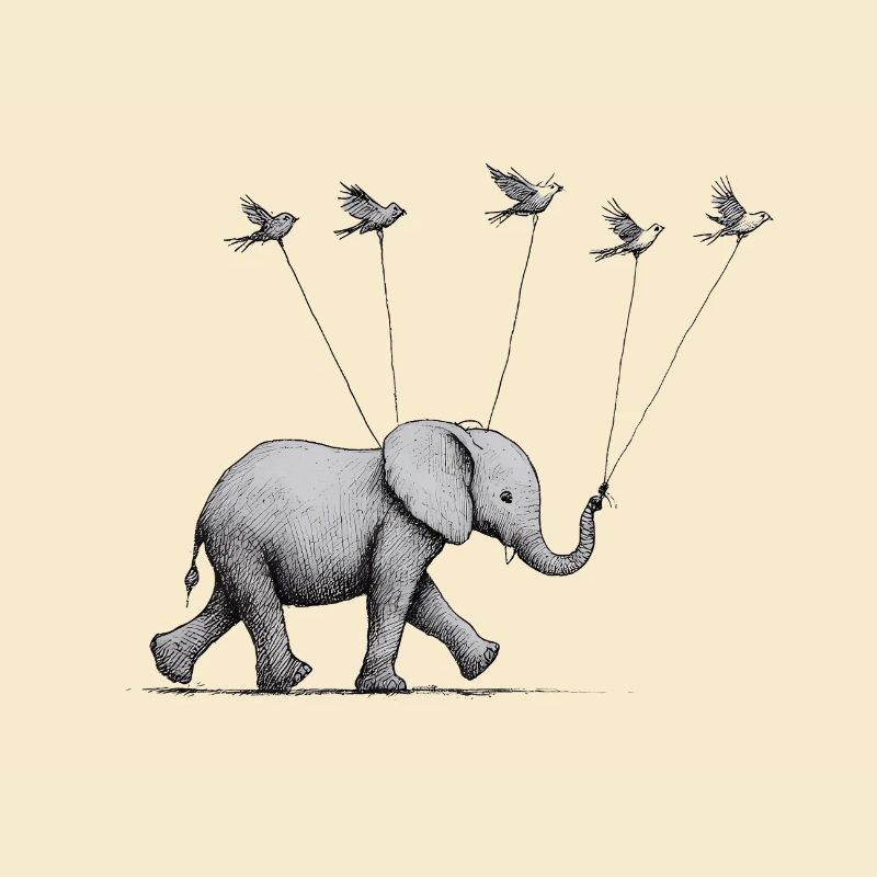 Petit éléphant avec des oiseaux – Illustration délicate