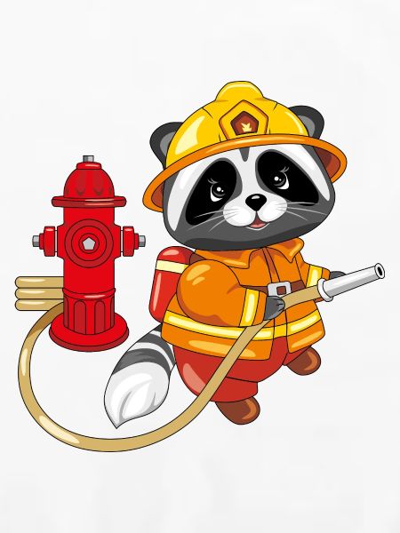 Niedlicher Waschbär-Feuerwehrmann mit Hydrant