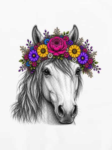 Pferd mit Blumenkranz