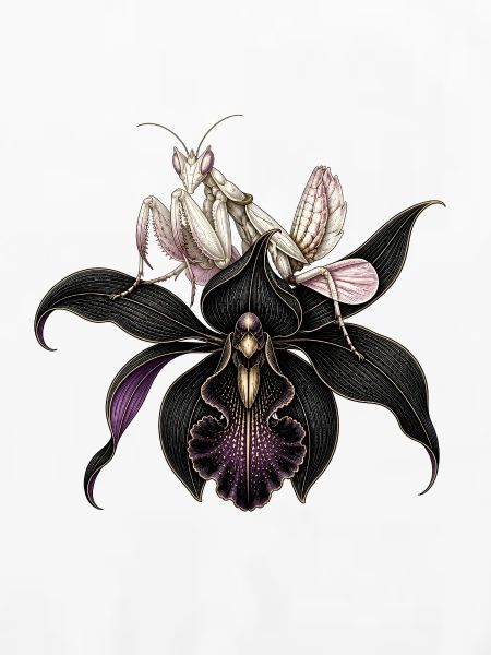 Orchideen-Gottesanbeterin & Schwarze Orchidee