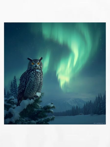 Aurora-Eule über Schneekiefern